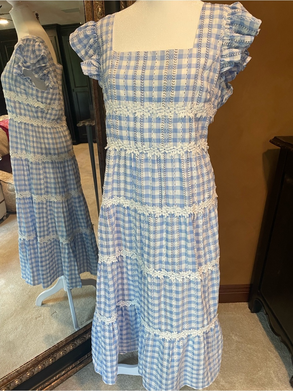 English Factory Blue and White Gingham Midi Dress